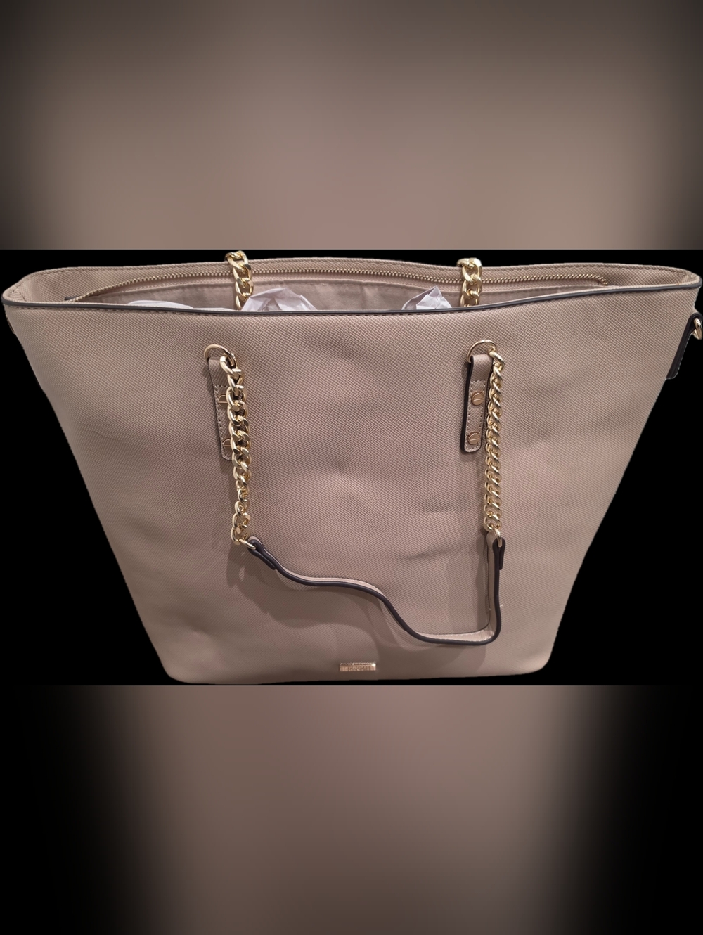 Aldo Large Neutral Beige Tote with Gold Chain Handles, New with Flaw